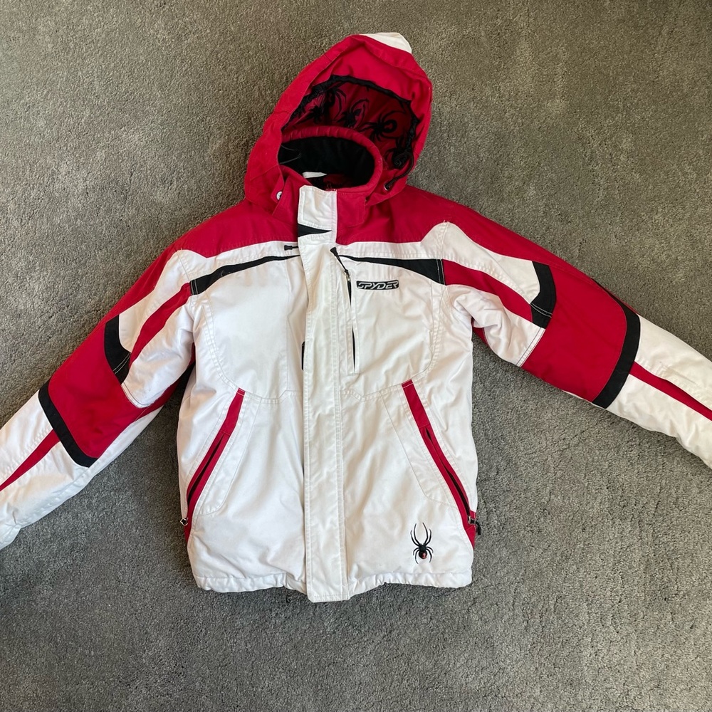 Spyder youth ski jacket. red black and white.
